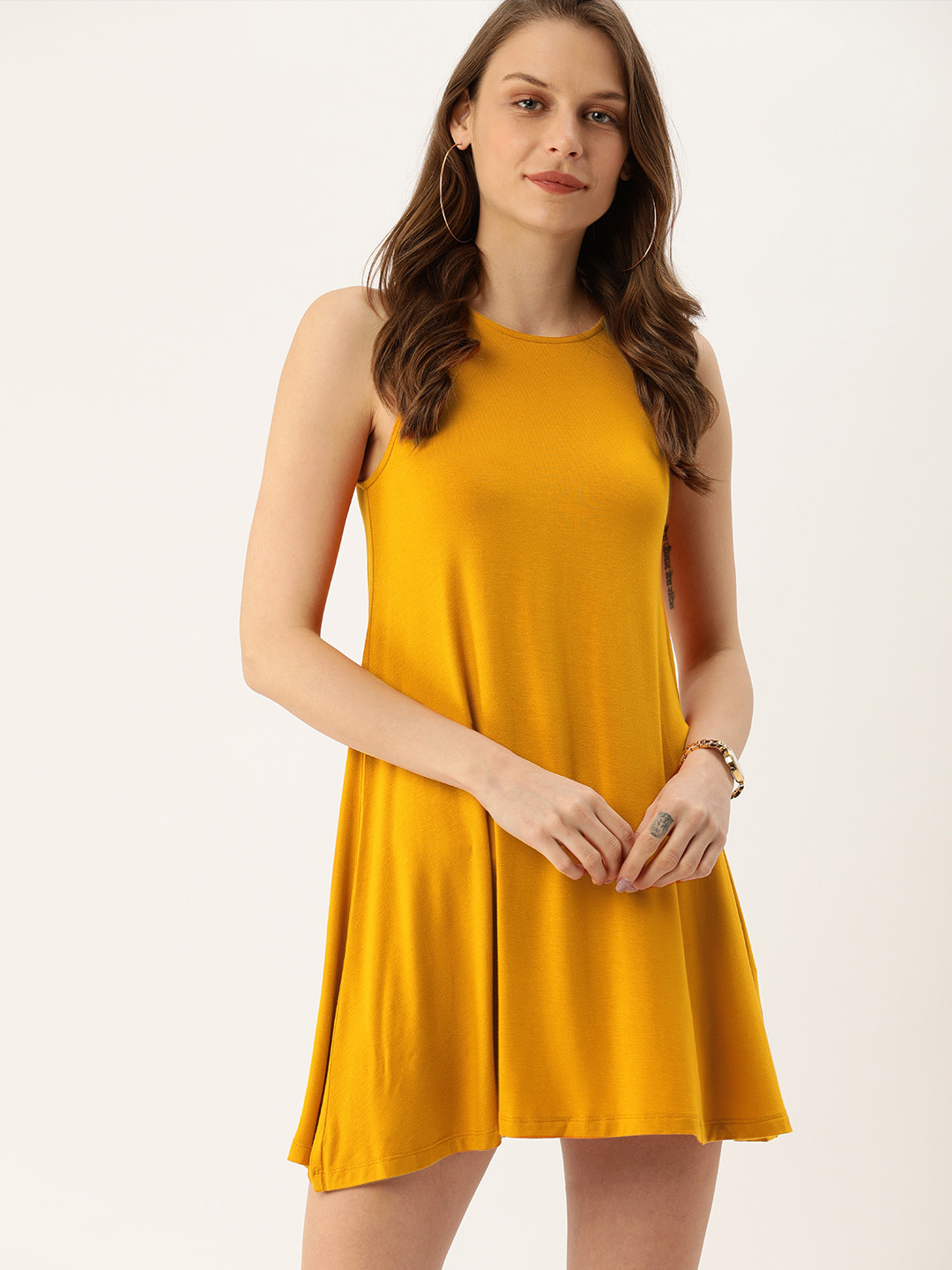 Buy FOREVER 21 Women Mustard Yellow Solid A Line Dress Dresses for