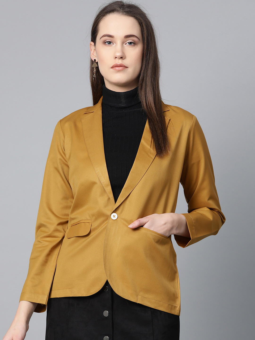 Buy Jompers Women Mustard Yellow Solid Single Breasted Blazer Blazers for Women 11301806 Myntra