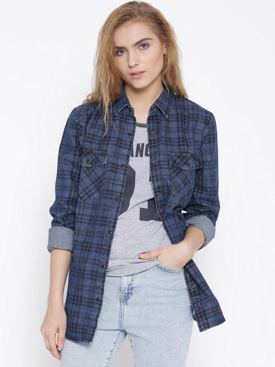 Buy FOREVER 21 Navy Checked Denim Shirt Shirts for Women 1130219 Myntra