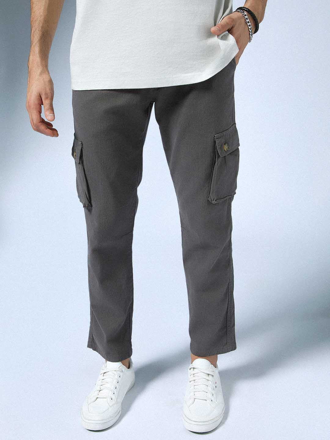 Buy Hubberholme Men Charcoal Grey Slim Fit Solid Cargos - Trousers for ...