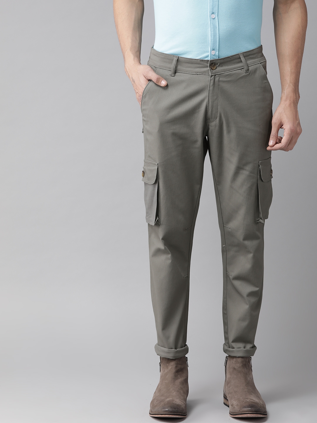Buy Hubberholme Men Grey Stretchable Slim Fit Solid Cargos - Trousers ...