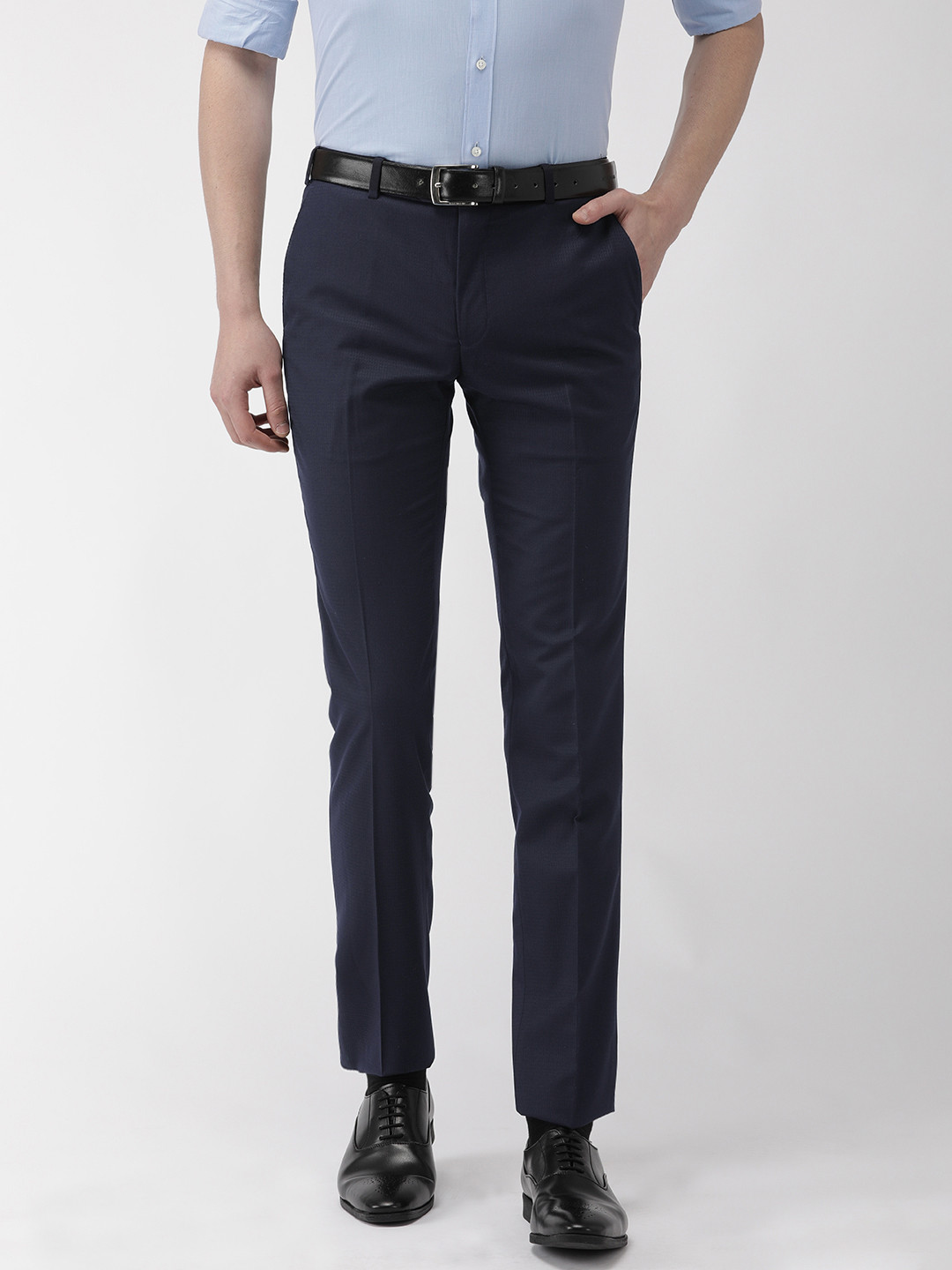 Buy Raymond Men Navy Blue Slim Fit Self Design Formal Trousers ...
