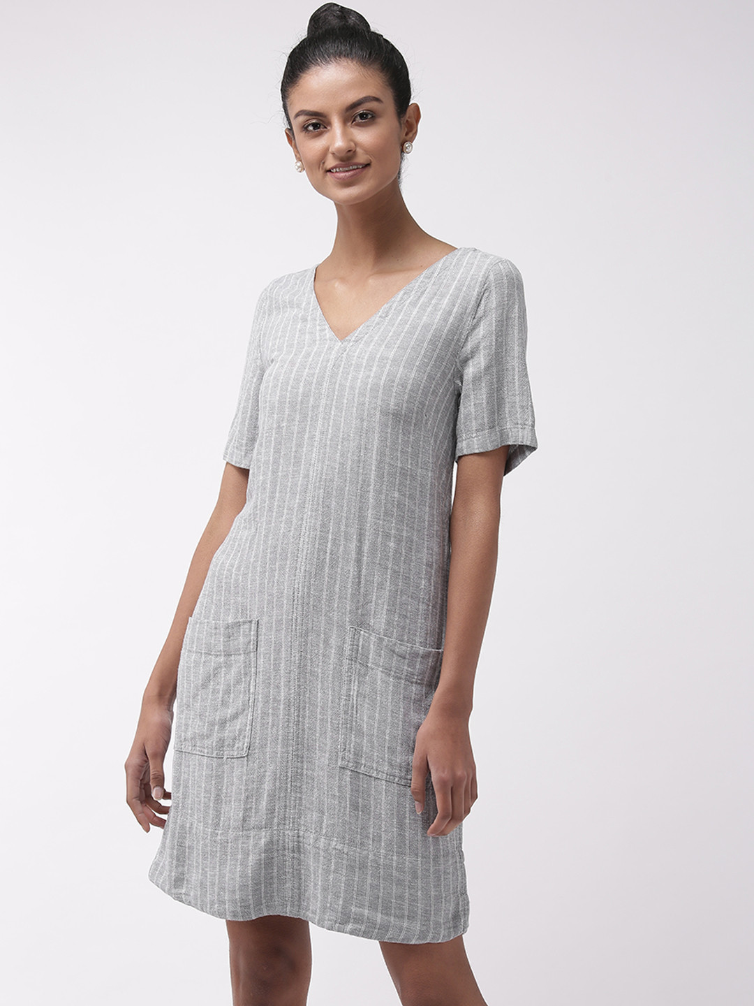 Buy Marks & Spencer Women Grey & White Striped Sheath Dress Dresses