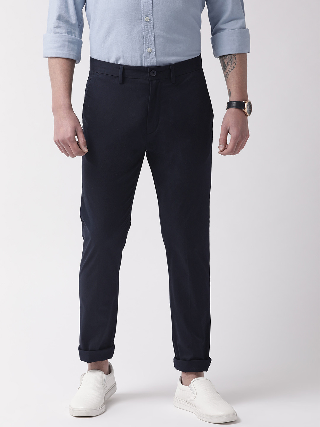 Buy Marks & Spencer Men Navy Blue Slim Fit Solid Regular Trousers ...