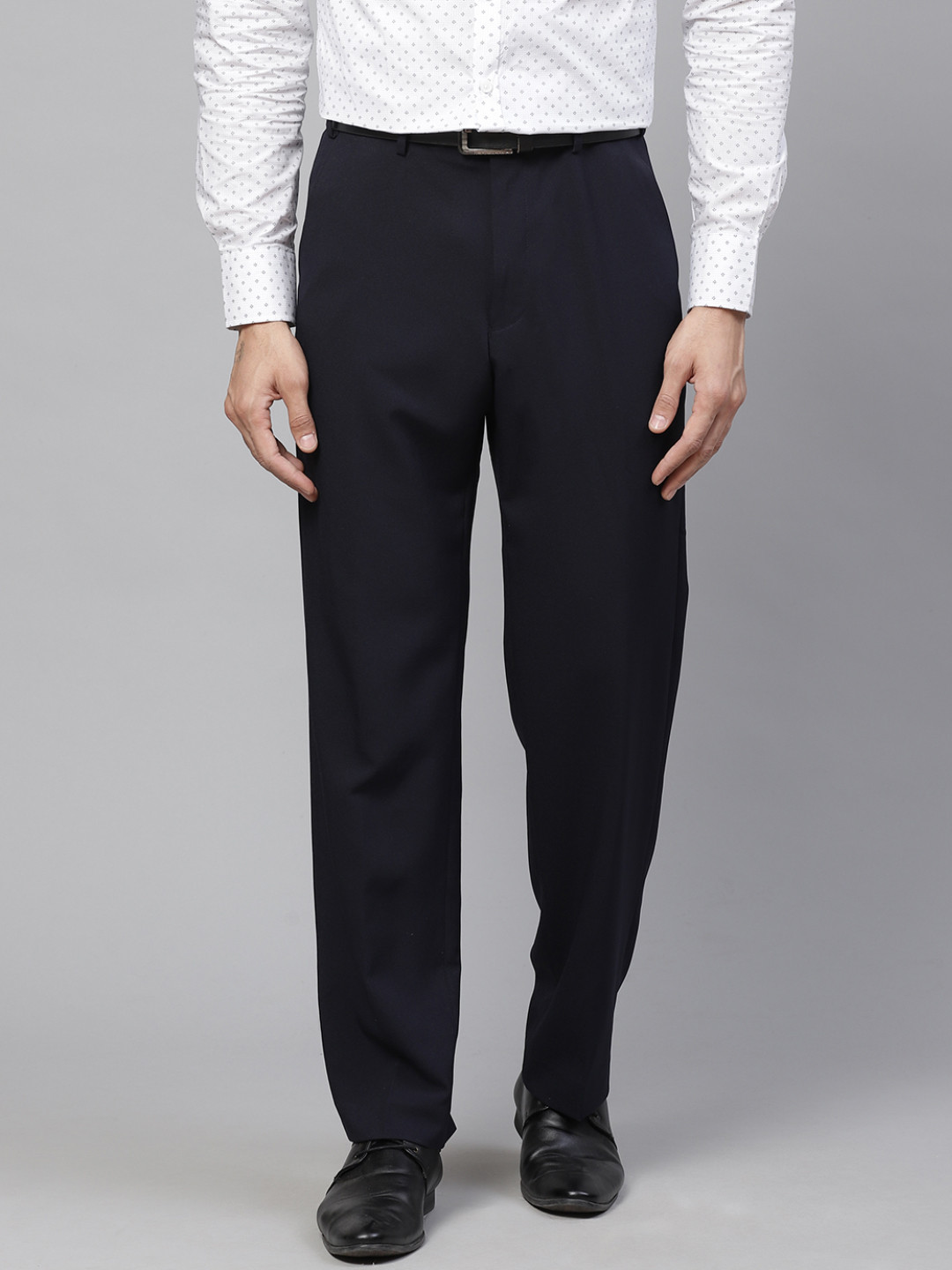 Buy Marks & Spencer Men Navy Blue Regular Fit Solid Formal Trousers ...