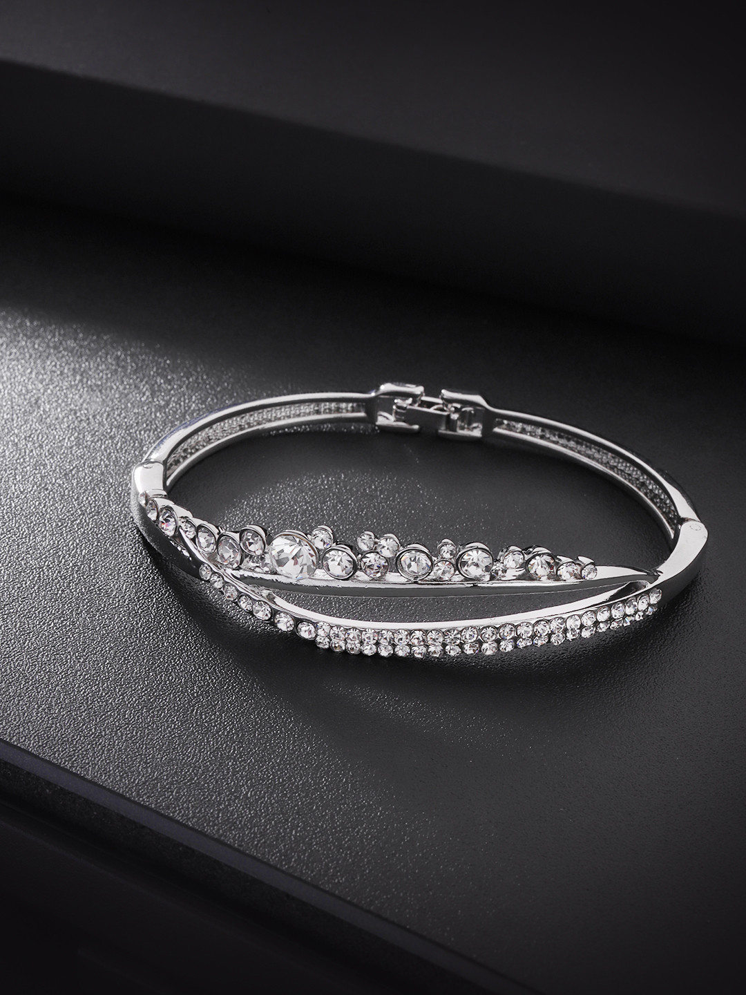 Premium Jewellery - Silver Toned Cz Studded Rhodium - Plated Contemporary Handcrafted Half Hoop Earrings