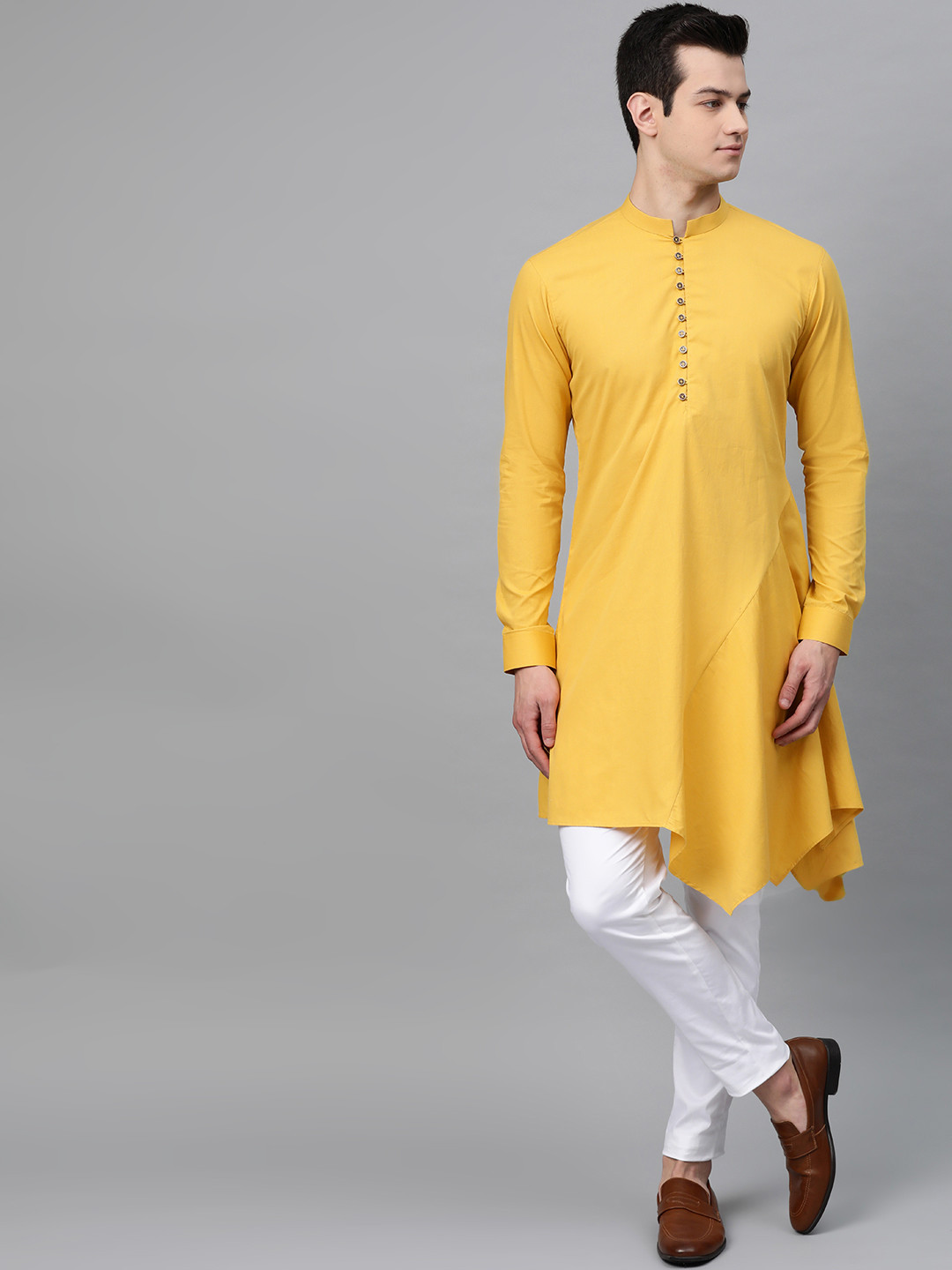Buy See Designs Men Mustard Yellow Solid Asymmetric Hemline A Line Kurta Kurtas for Men