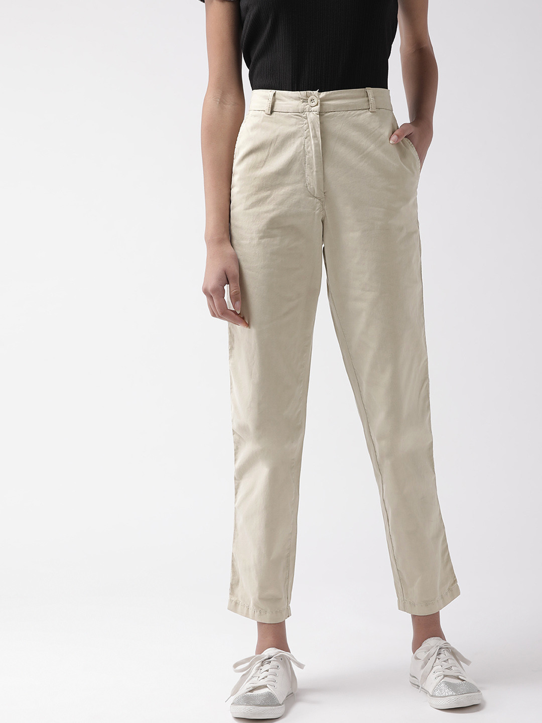 Buy Marks & Spencer Women Beige Tapered Fit Solid Chinos Trousers for