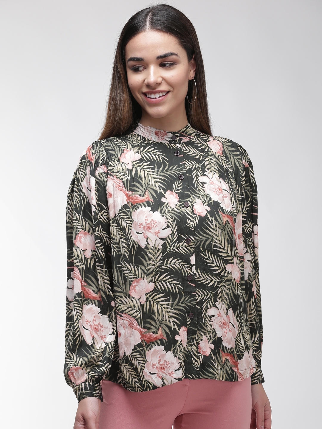 Buy Marks & Spencer Olive Green & Pink Printed Top - Tops for Women ...
