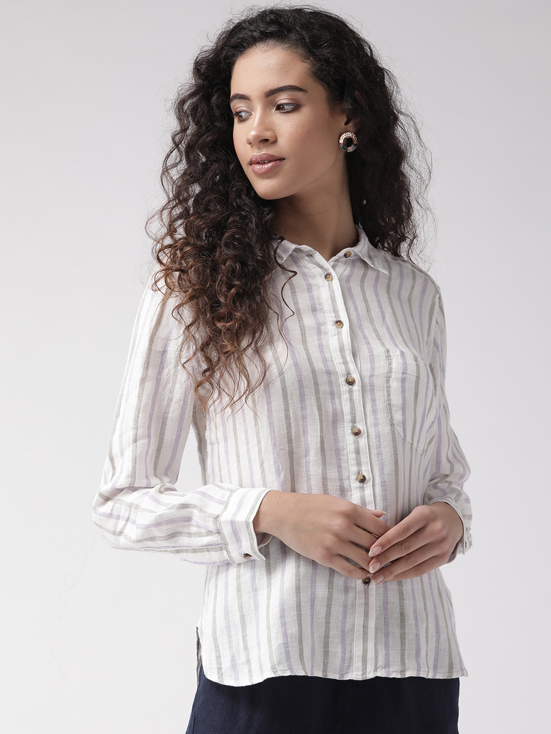 Buy Marks & Spencer Women White & Grey Linen Striped Casual Shirt Shirts for Women 11313382