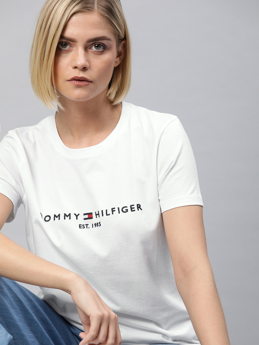 Buy Tommy Hilfiger Women White Printed Round Neck Pure Cotton T Shirt