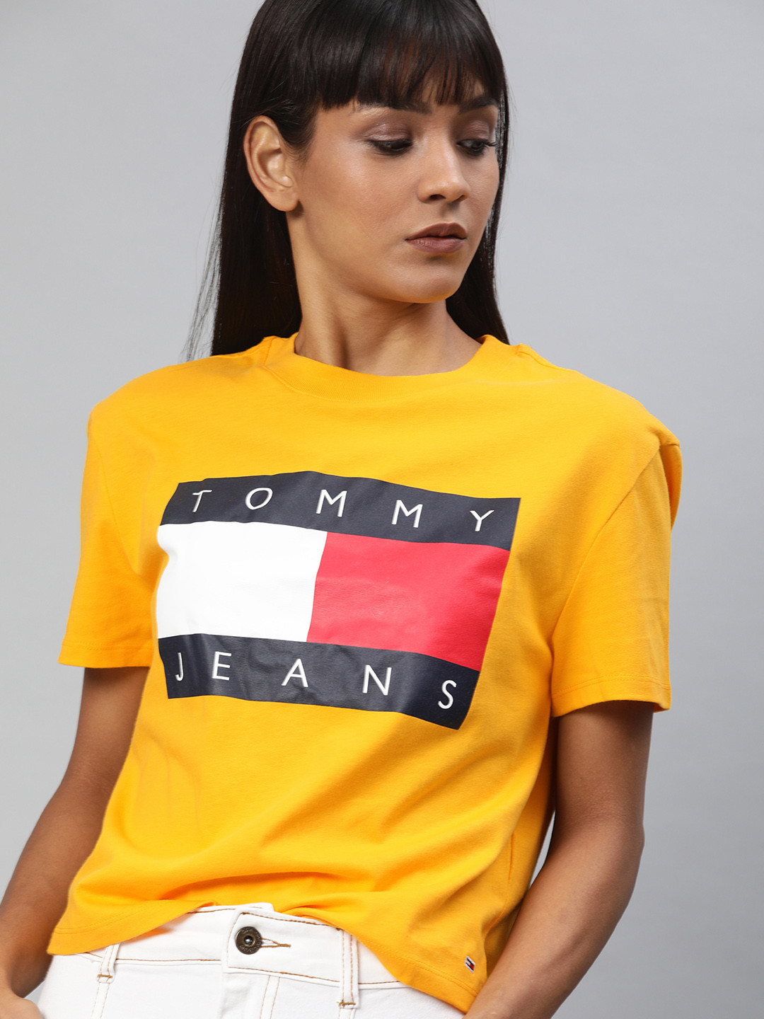 Buy Tommy Hilfiger Women Yellow Printed Round Neck Pure Cotton T Shirt