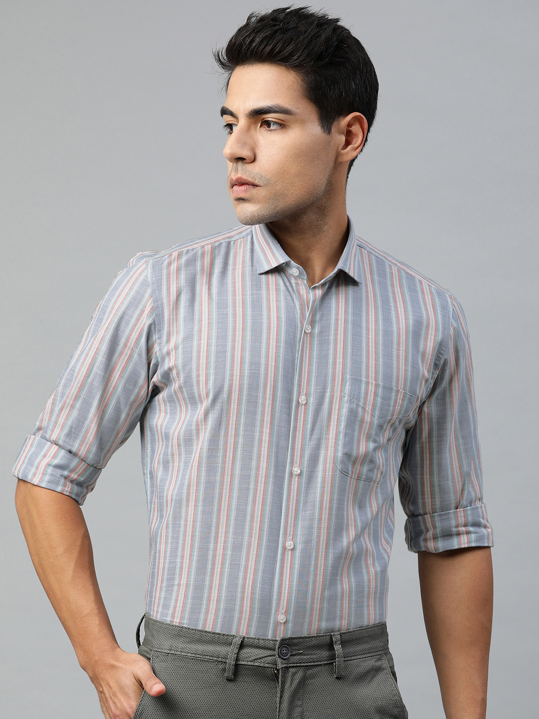 Buy Peter England Men Grey & Red Slim Fit Striped Smart Casual Shirt