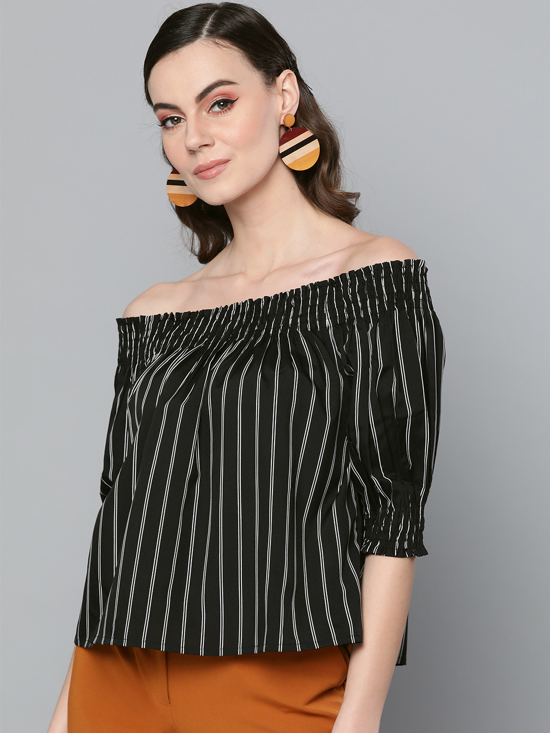 Buy Trend Arrest Women Black & White Striped Bardot Top Tops for