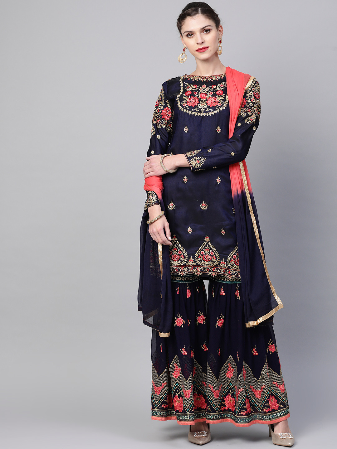 Buy Chhabra 555 Navy Blue & Pink Made To Measure Zari Embroidered Kurta With Sharara & Dupatta 
