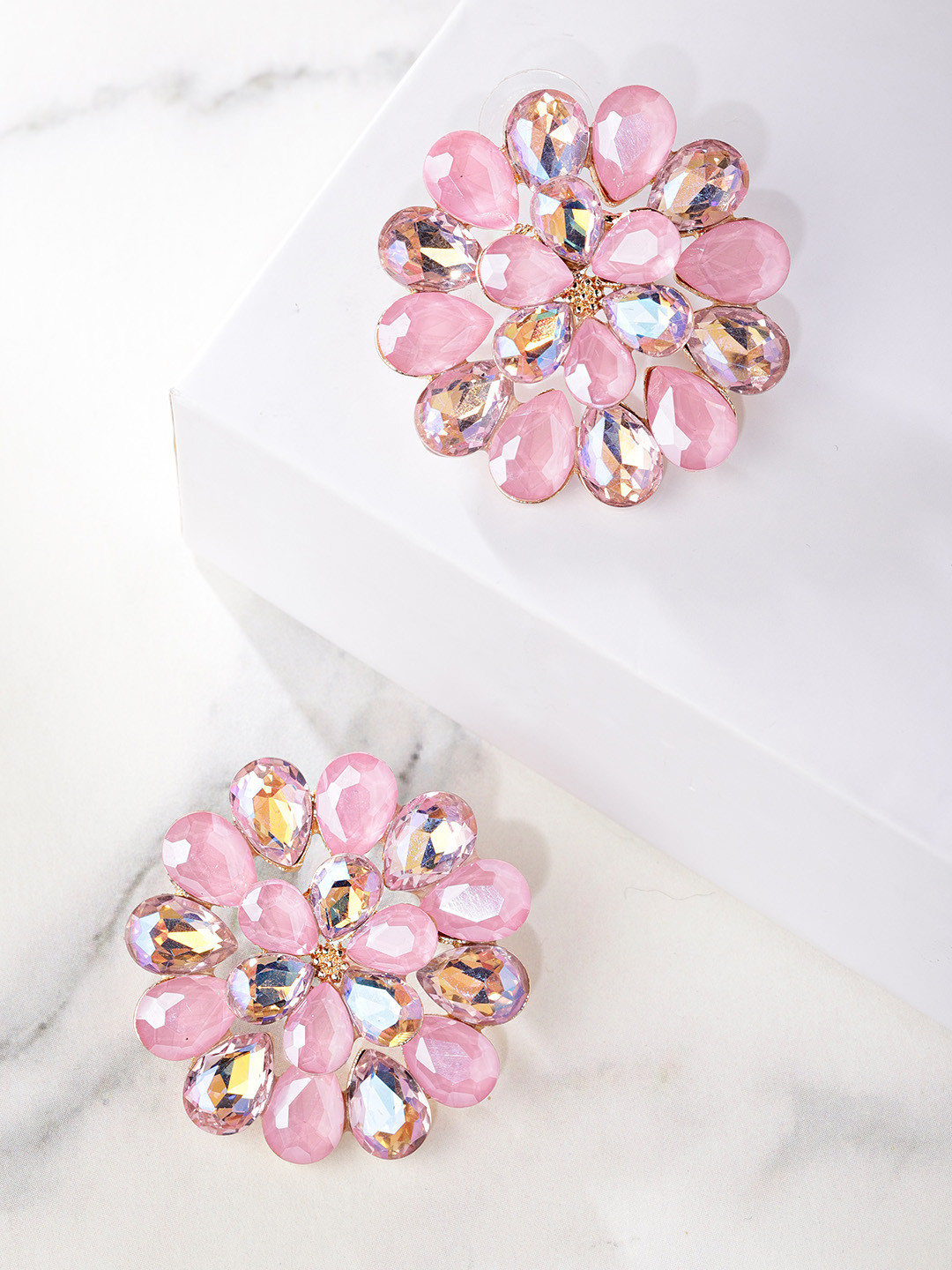 Buy YouBella Pink Stone Studded Floral Oversized Studs Earrings for