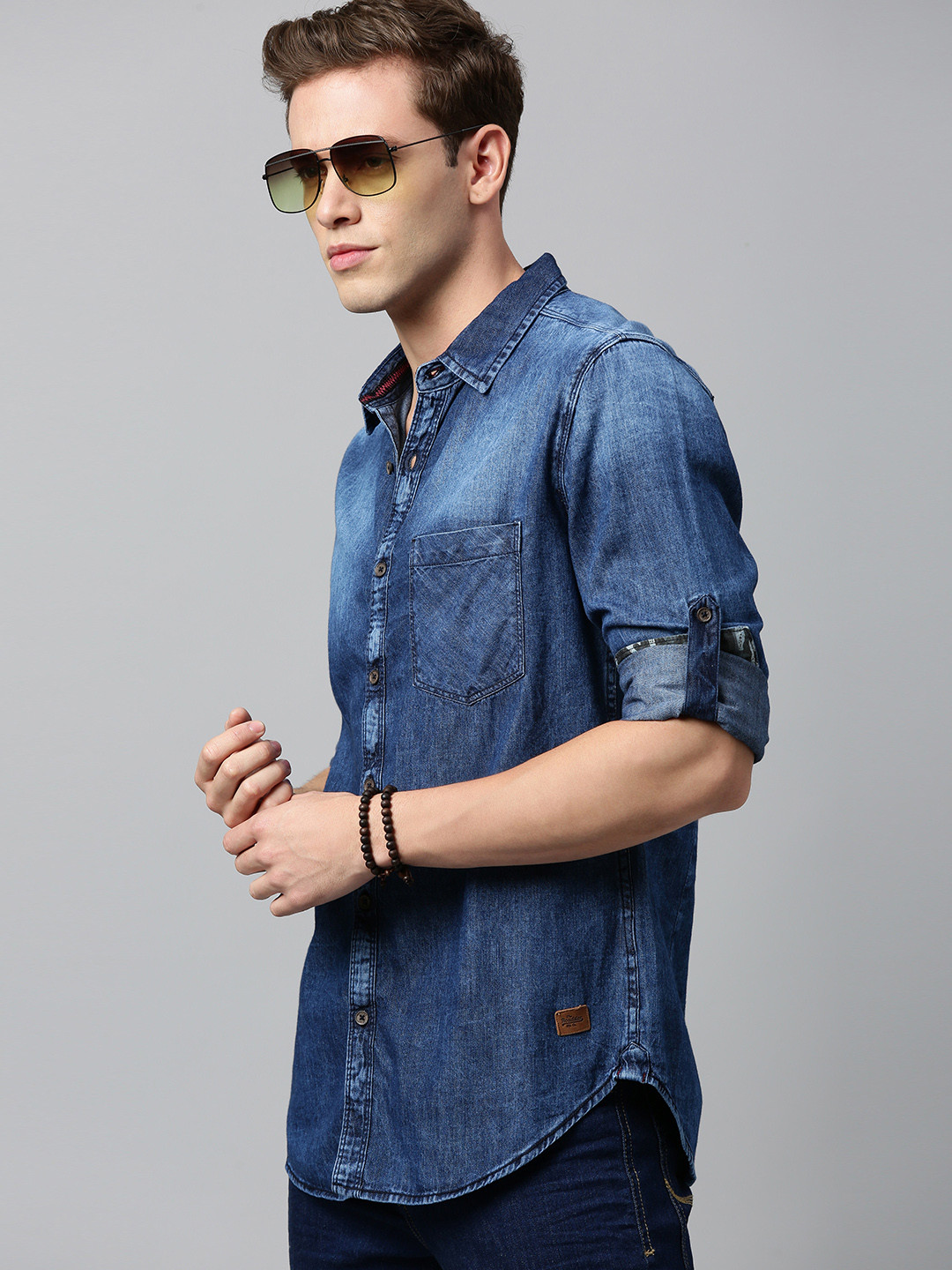 Buy Roadster Men Blue Regular Fit Faded Casual Chambray Shirt Shirts