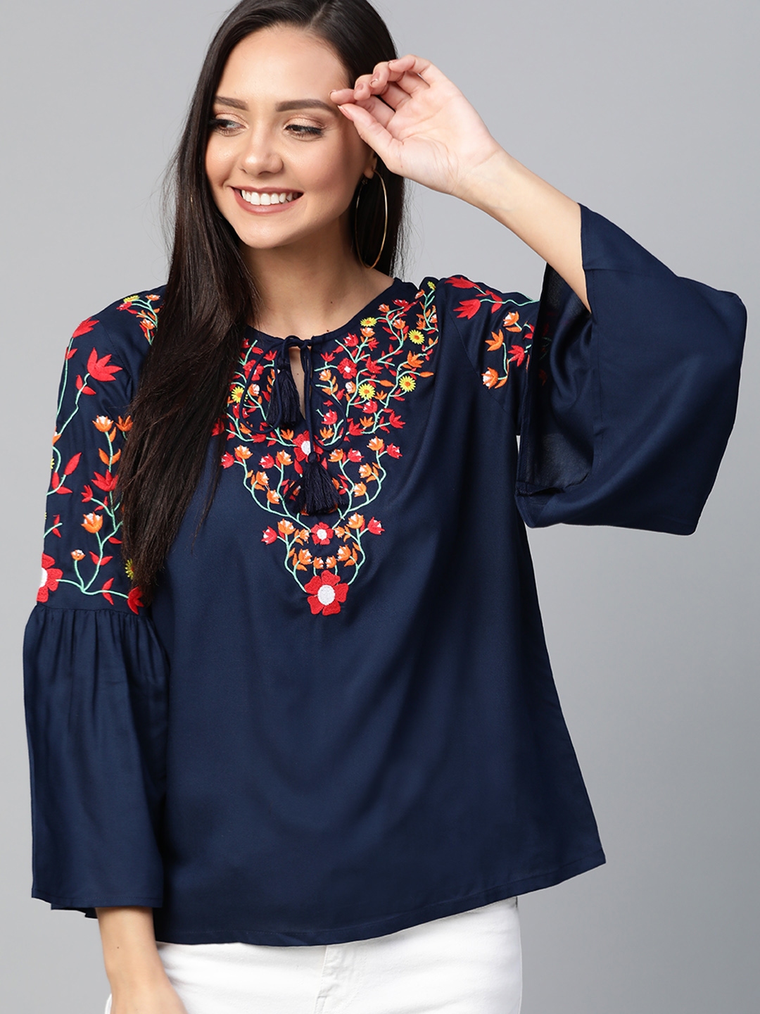 Buy HERE&NOW Women Navy Blue Floral Embroidered Top - Tops for Women ...