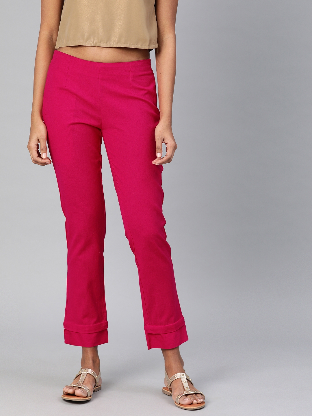 Buy Divena Women Pink Straight Fit Solid Regular Khadi Trousers ...