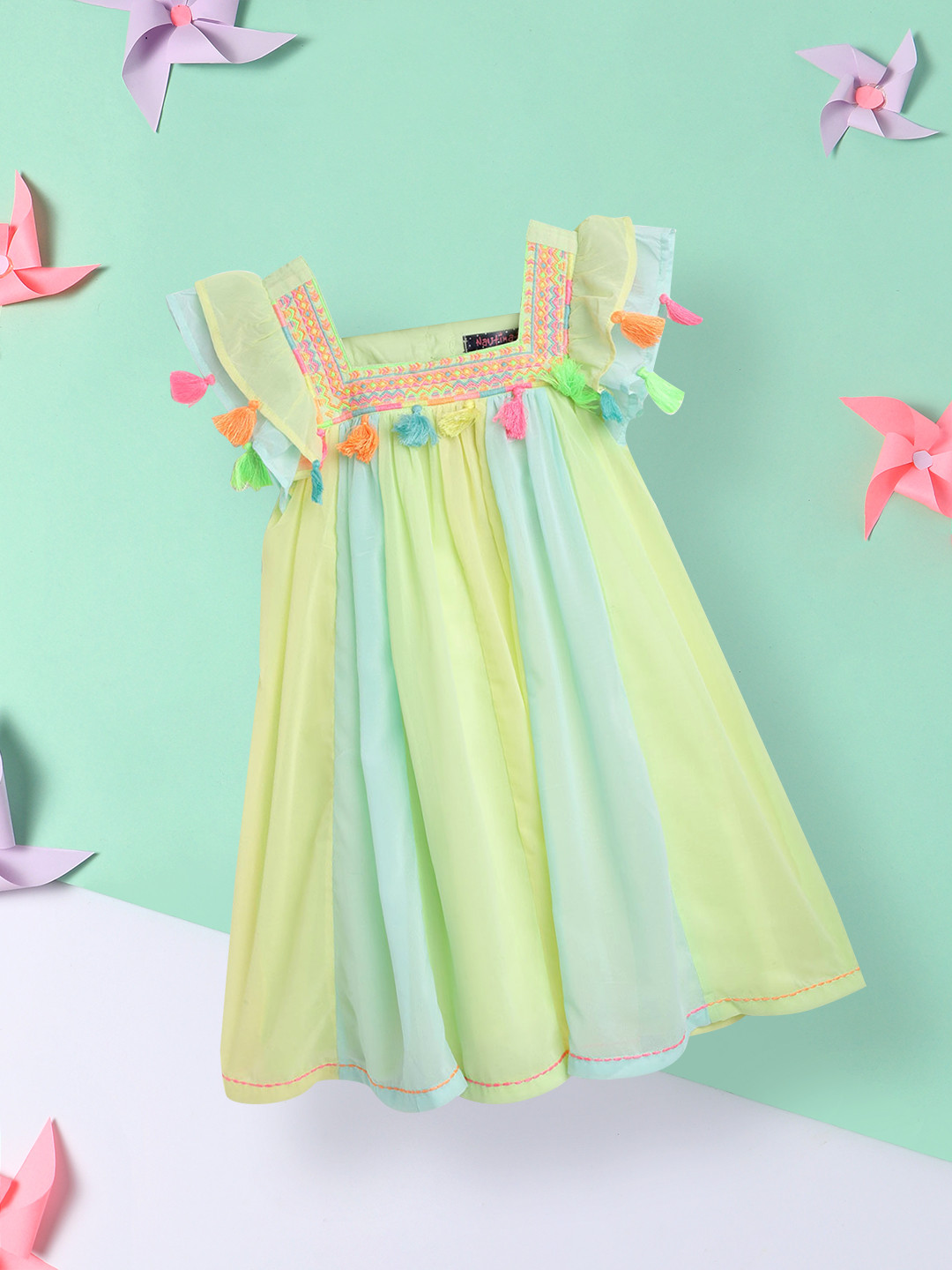 Nautinati Girls' Georgette A-line Multicolour Floral Applique Asymmetric Layered Dress