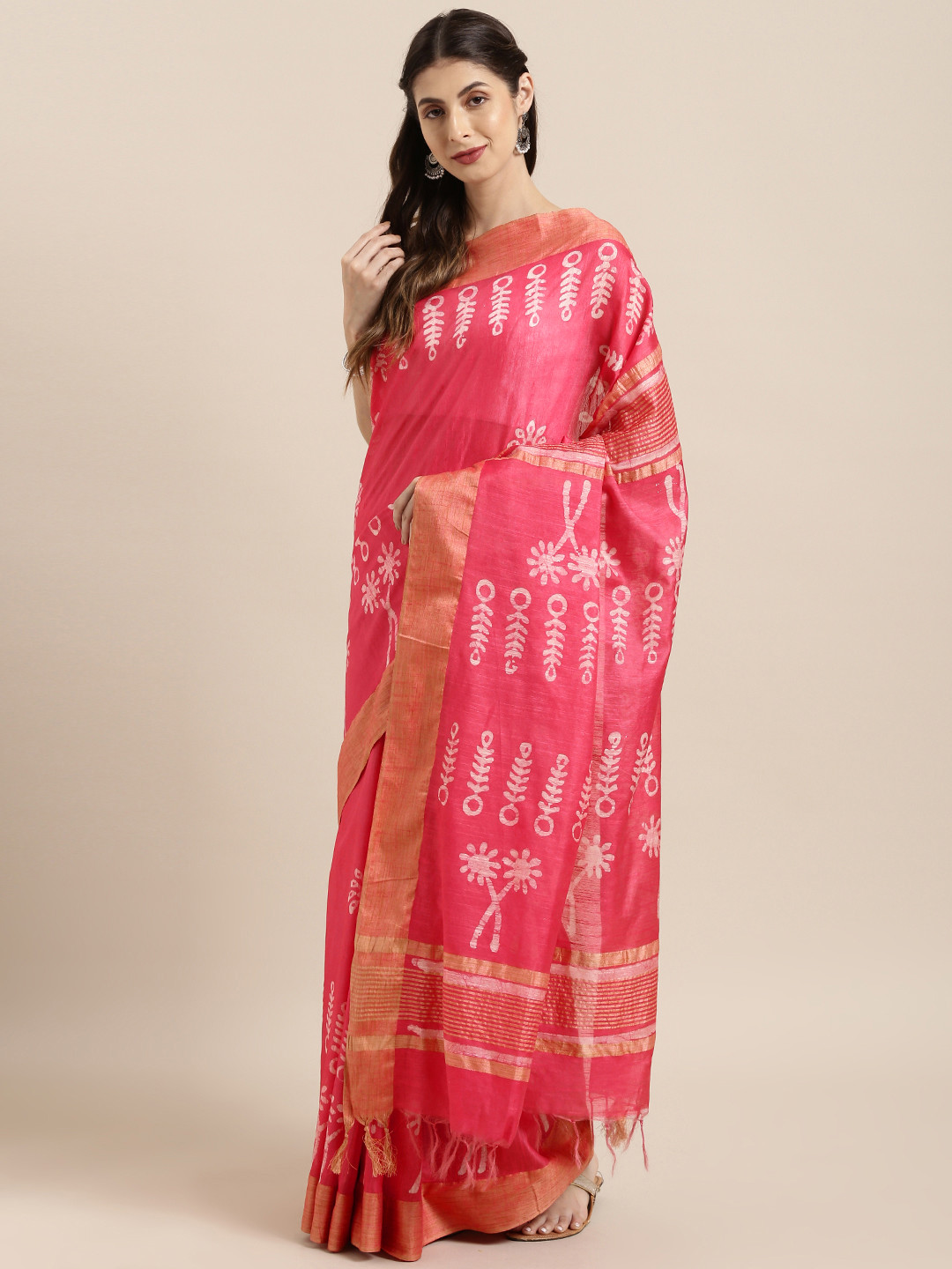 Buy Mitera Pink Silk Blend Printed Bhagalpuri Chanderi Saree Sarees