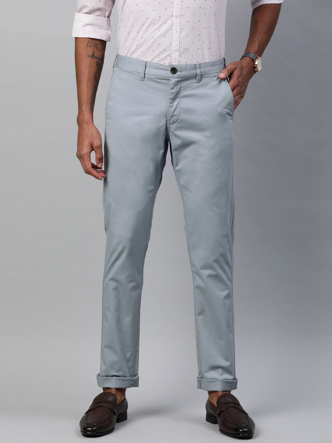 Buy Indian Terrain Men Blue Brooklyn Slim Fit Solid Regular Trousers
