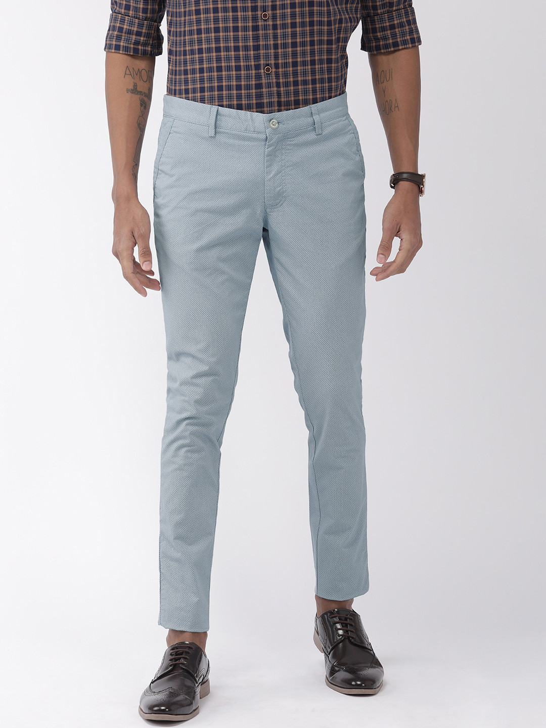 Buy Indian Terrain Men Blue Kruger Skinny Fit Printed Regular Trousers - Trousers for Men 