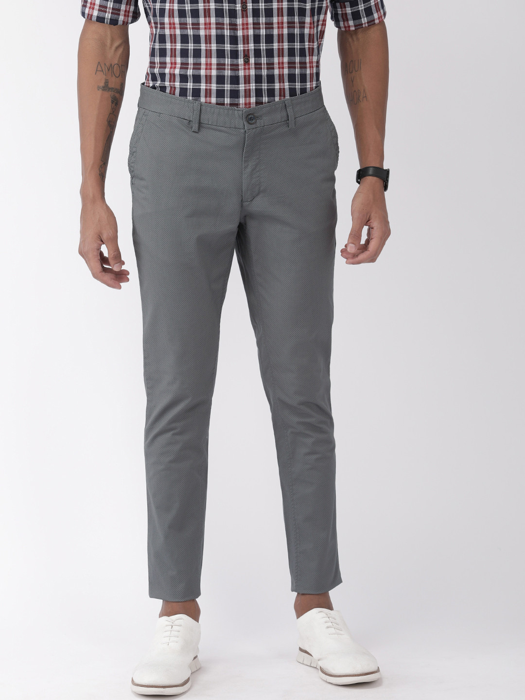 Buy Indian Terrain Men Grey Kruger Skinny Fit Printed Smart Casual Chinos - Trousers for Men 