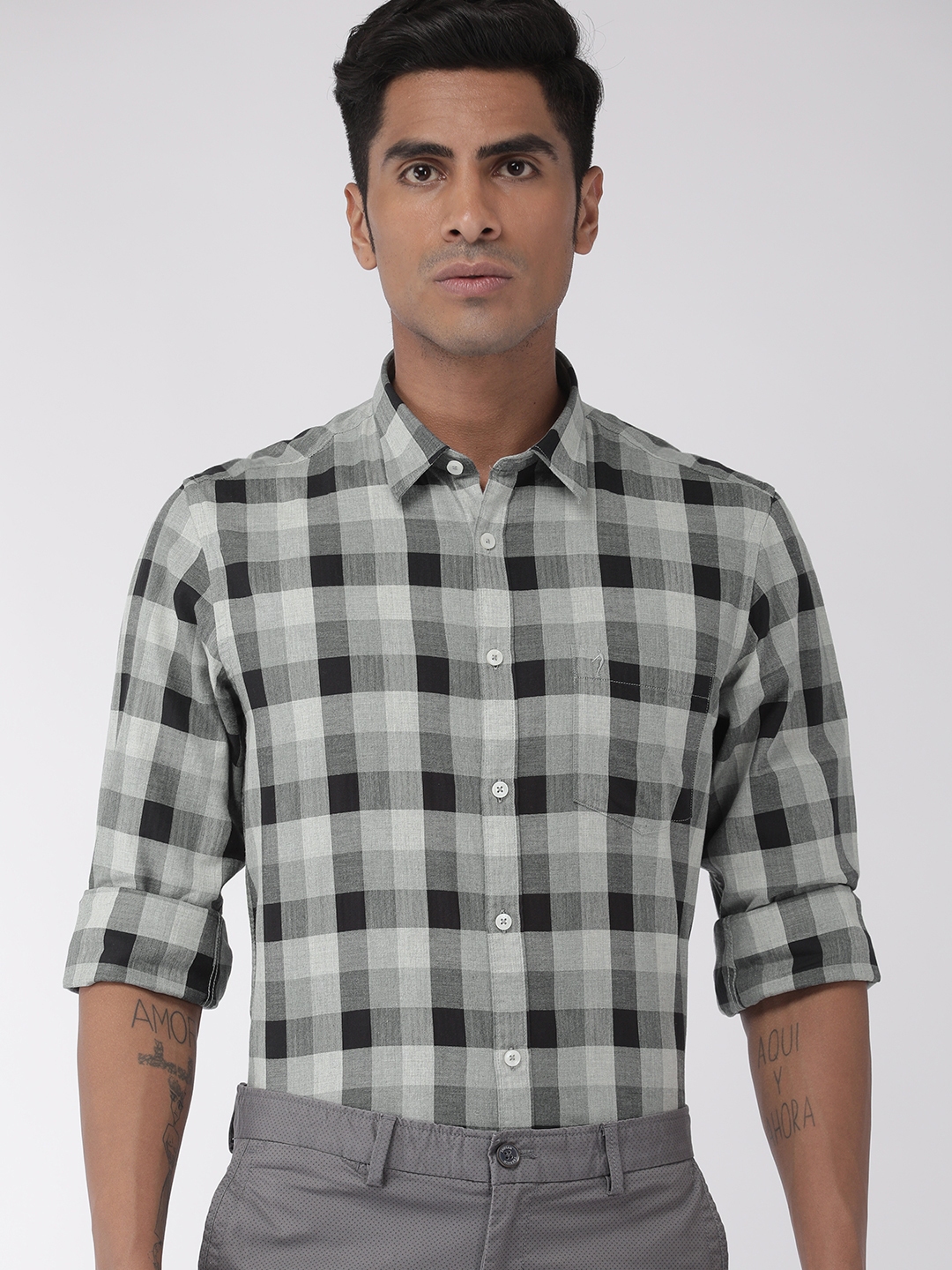 Buy Indian Terrain Men Black & Grey Slim Fit Checked Smart Casual Shirt ...