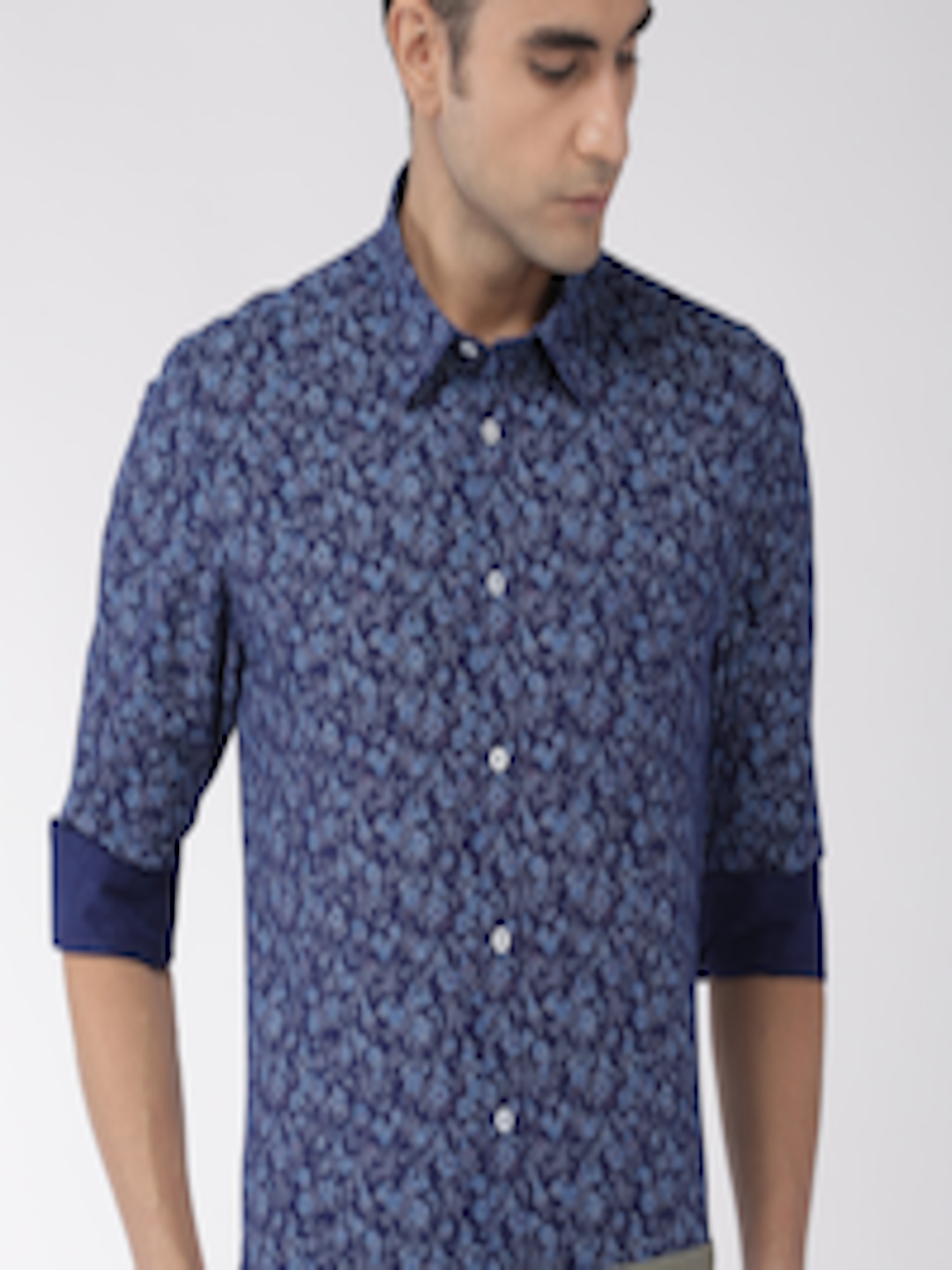 Buy Indian Terrain Men Blue Slim Fit Printed Smart Casual Shirt ...