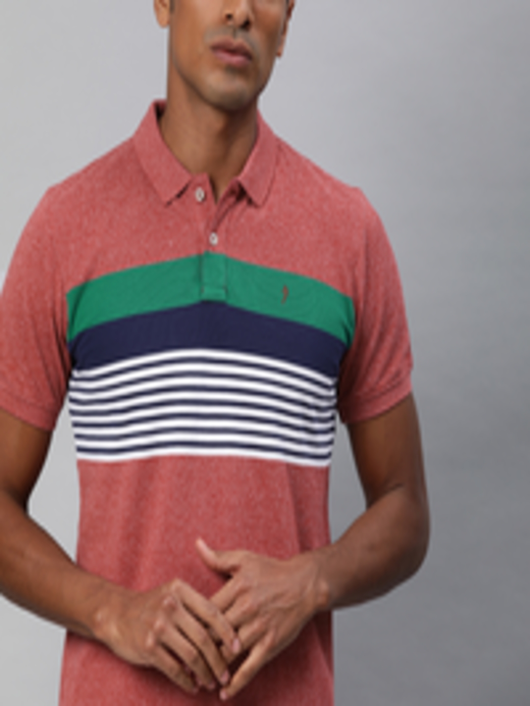 Buy Indian Terrain Men Red & Navy Blue Striped Polo Collar T Shirt ...