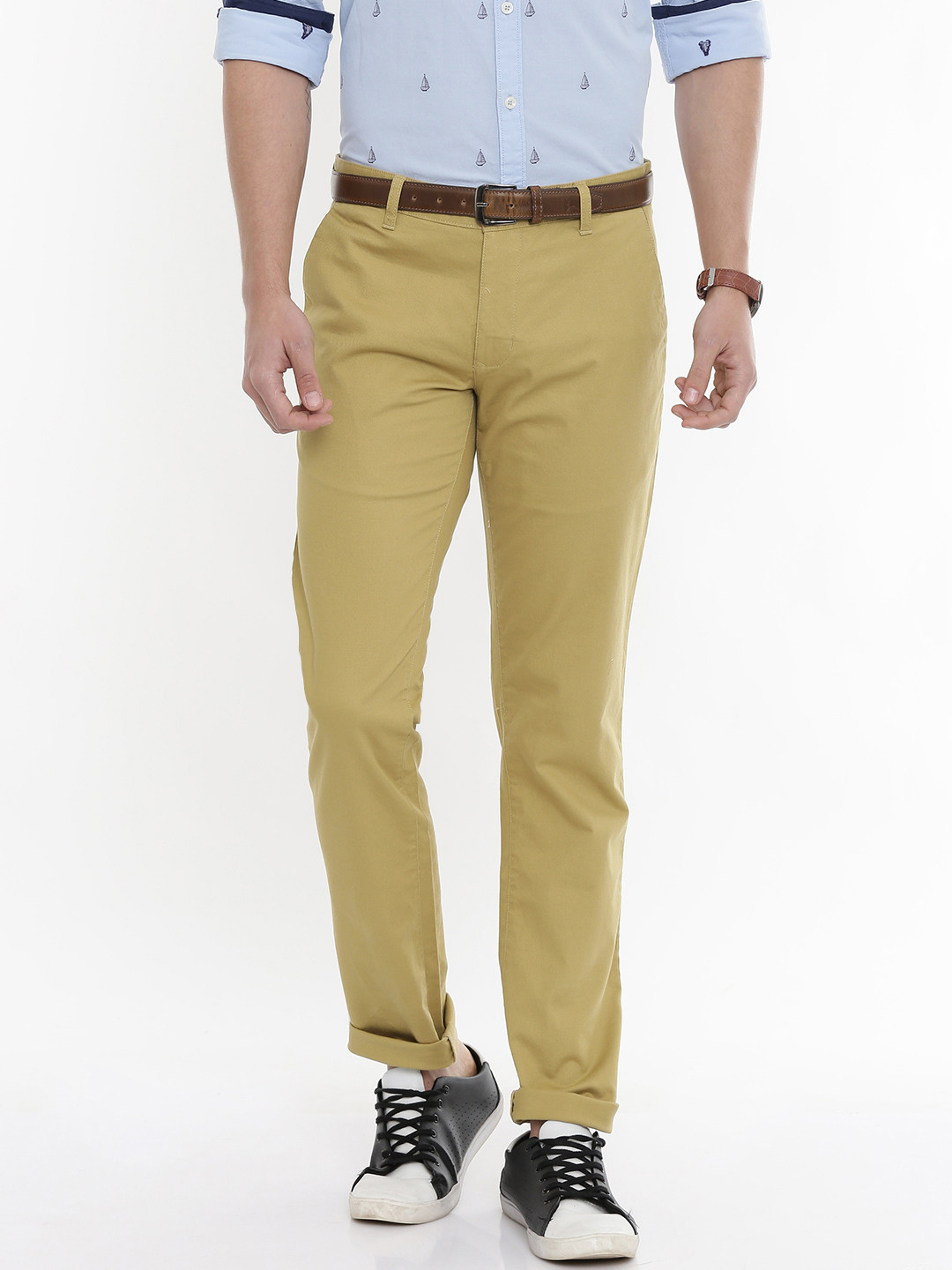 Buy Parx Men Khaki Tapered Fit Self Design Regular Trousers - Trousers ...