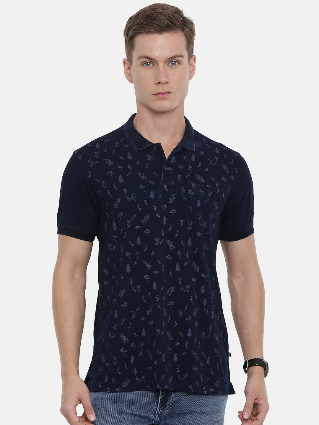 Buy Parx Men Navy Blue Printed Polo Collar Pure Cotton T Shirt ...