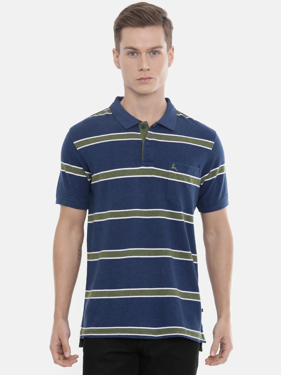 Buy Parx Men Blue Green Striped Polo Collar Pure Cotton T Shirt ...