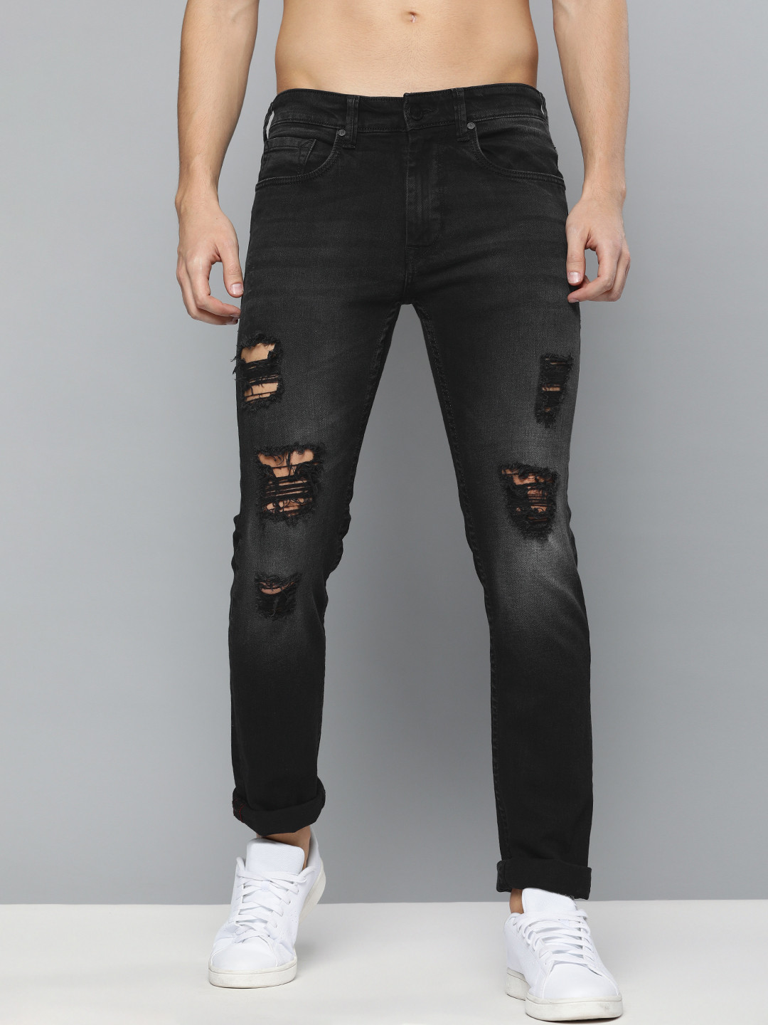 Buy HERE&NOW Men Black Slim Fit Mid Rise Highly Distressed Stretchable