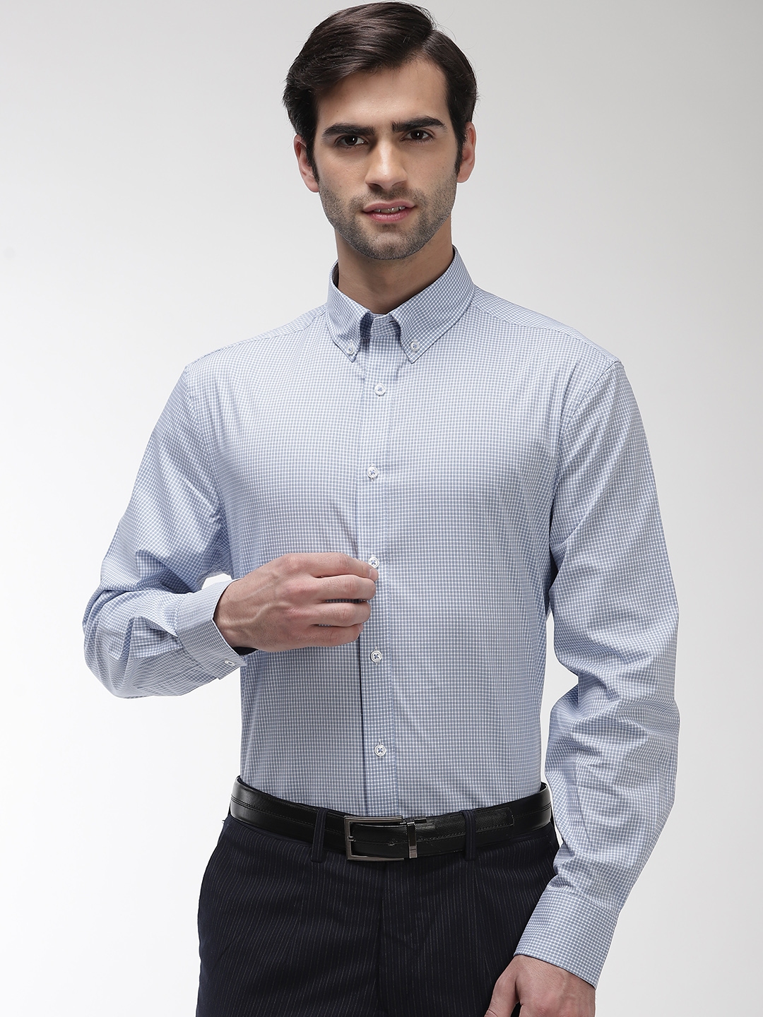 Buy Marks & Spencer Men Blue Knitted Slim Fit Checked Formal Shirt ...