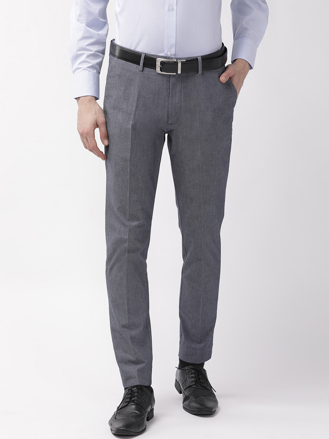 Buy Marks & Spencer Men Navy Blue Slim Fit Self Design Formal Trousers ...