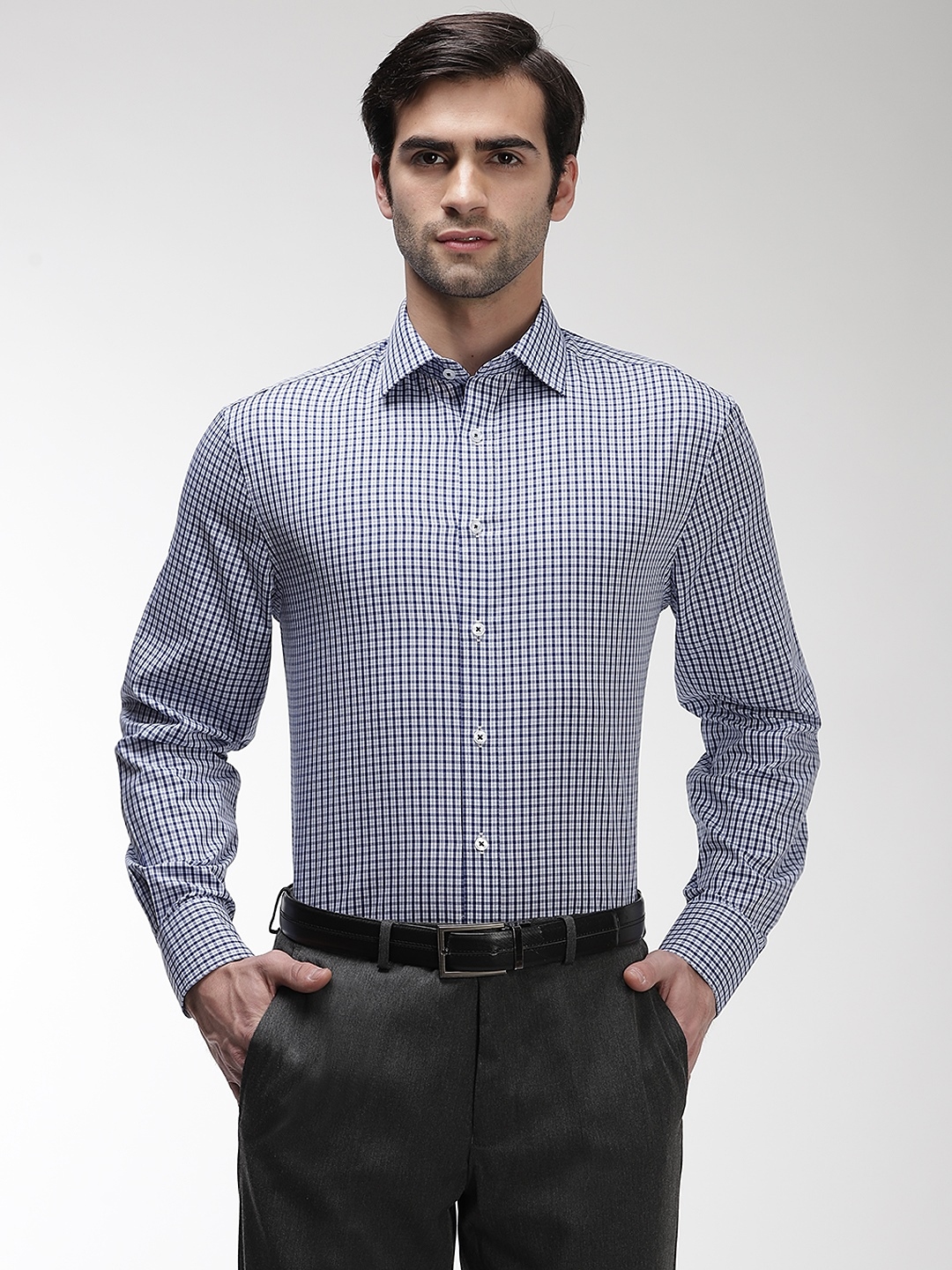 Buy Marks & Spencer Men Blue & White Regular Fit Checked Formal Shirt ...