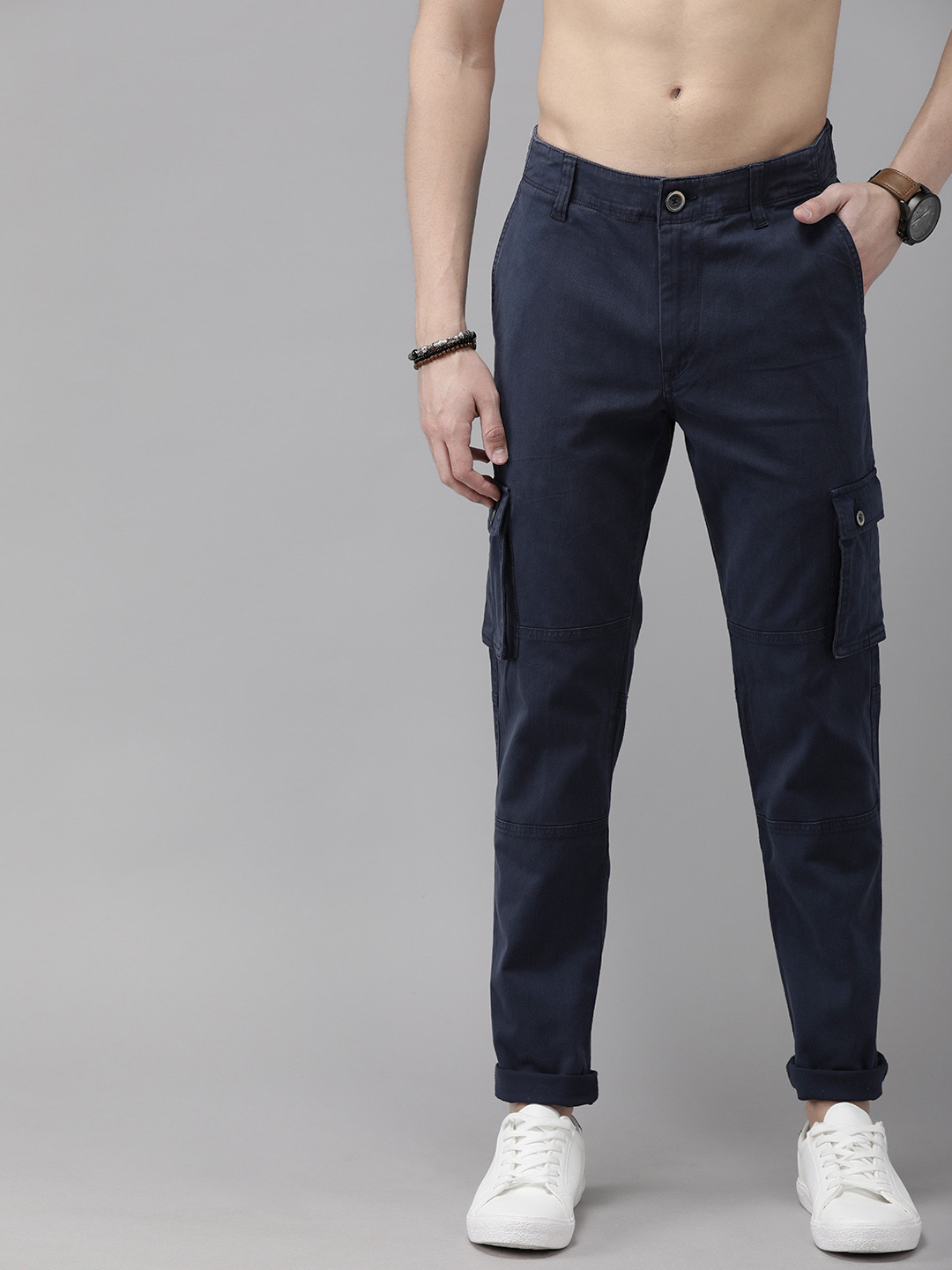 Buy Roadster Men Navy Blue Regular Fit Solid Cargos - Trousers for Men ...
