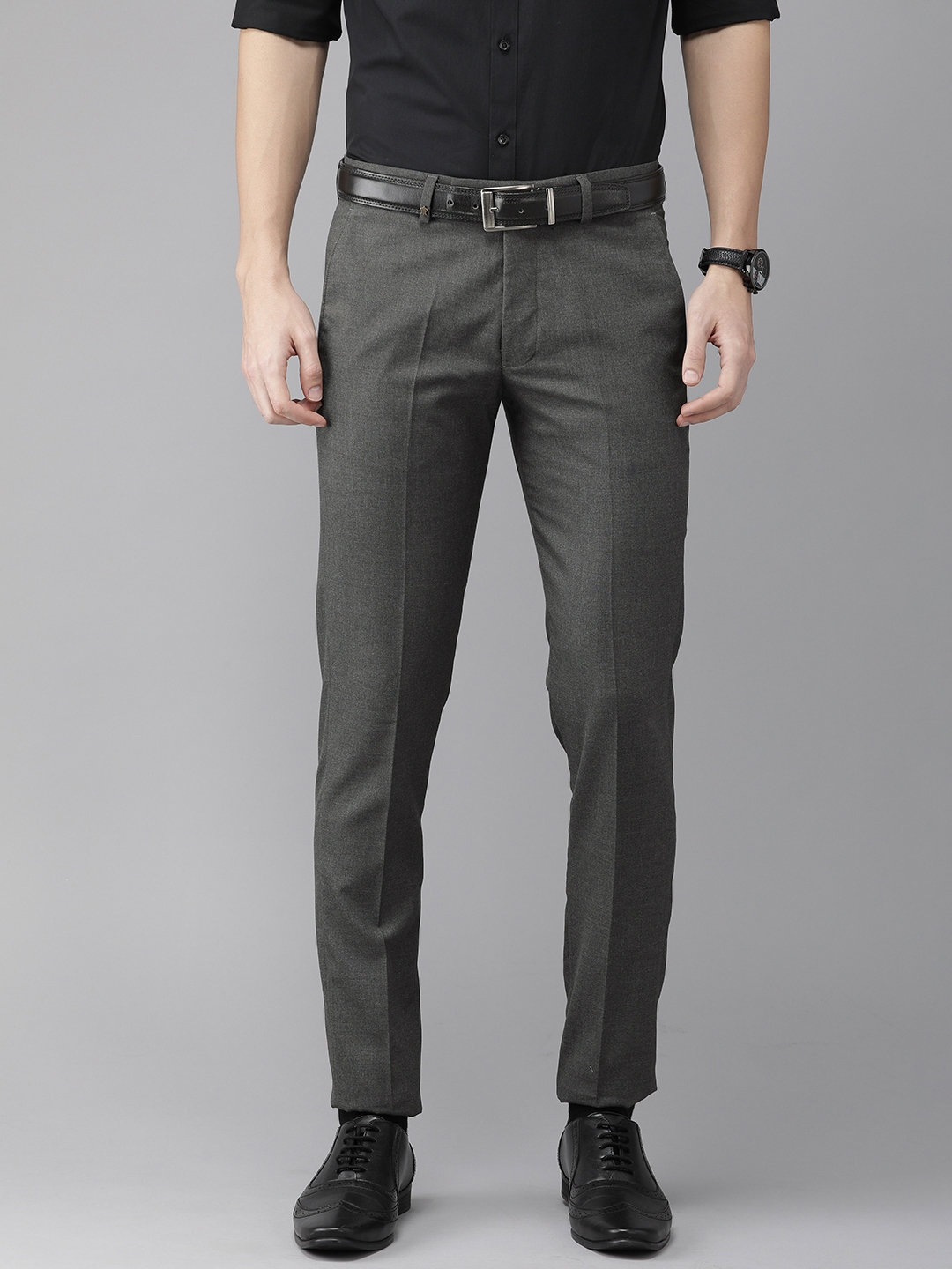 Buy Turtle Men Grey Ultra Slim Fit Solid Formal Trousers - Trousers for ...