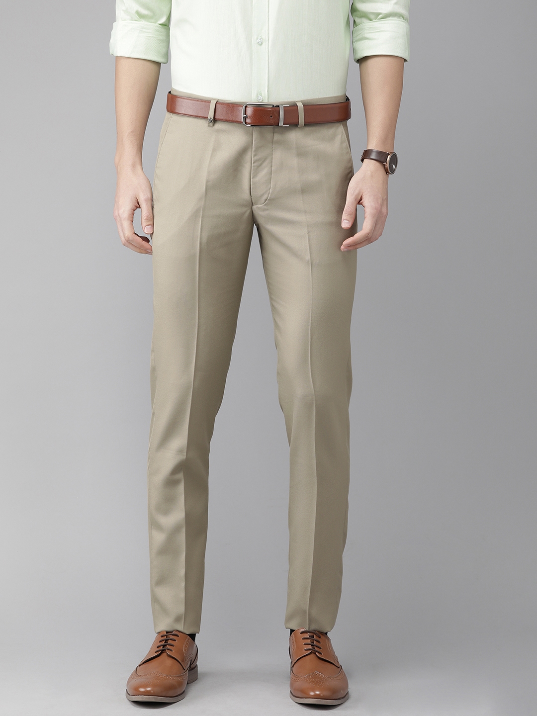Buy Turtle Men Beige Ultra Slim Fit Solid Regular Trousers - Trousers ...