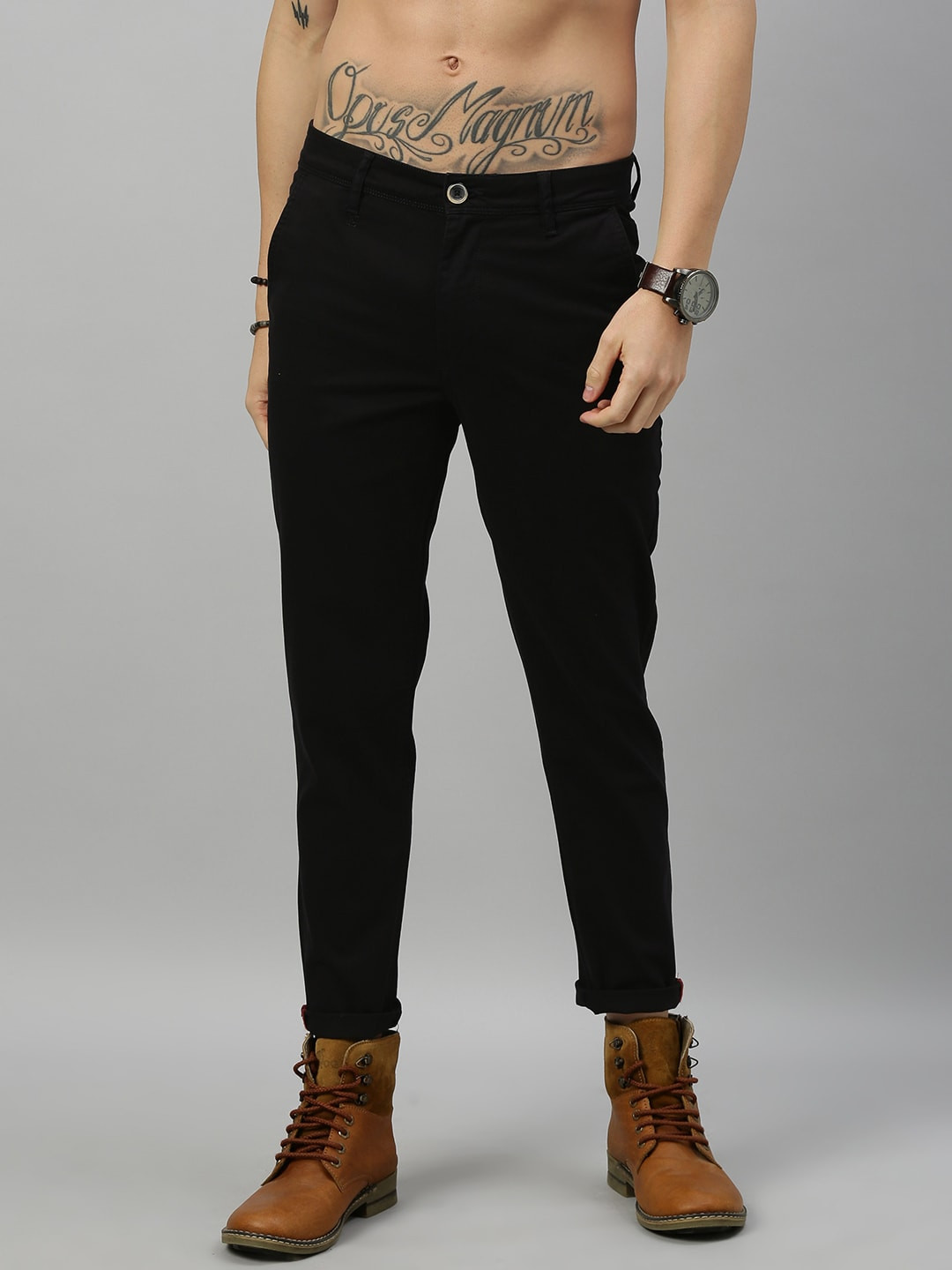 Buy Roadster Men Black Tapered Fit Cropped Sustainable Chinos