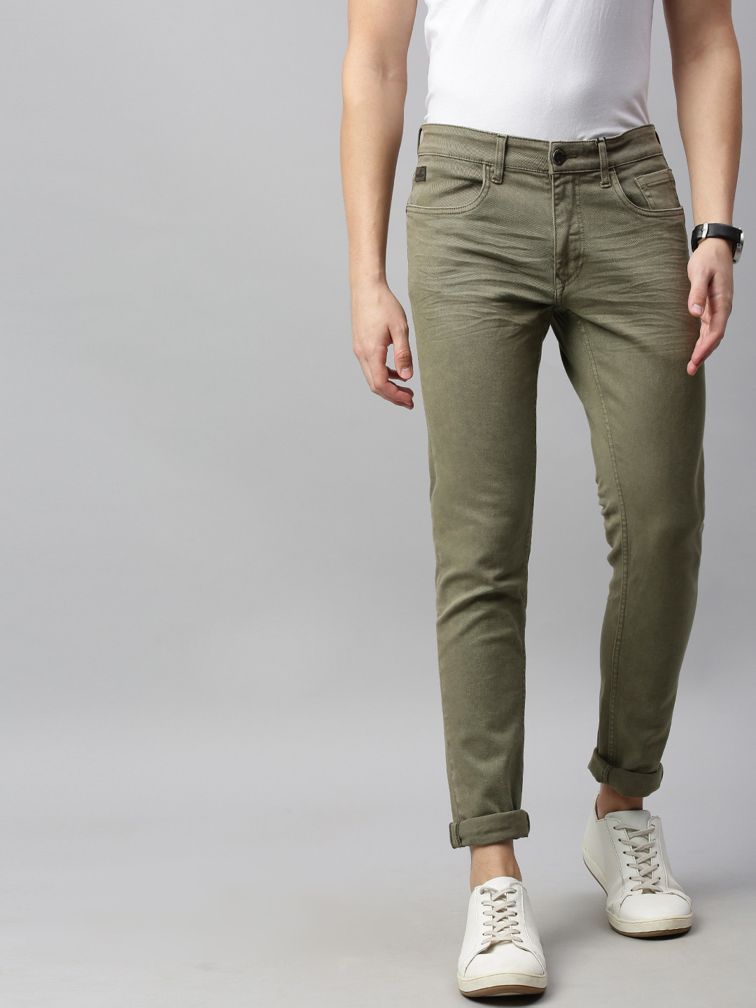 Buy WROGN Men Olive Green Regular Fit Mid Rise Clean Look Stretchable