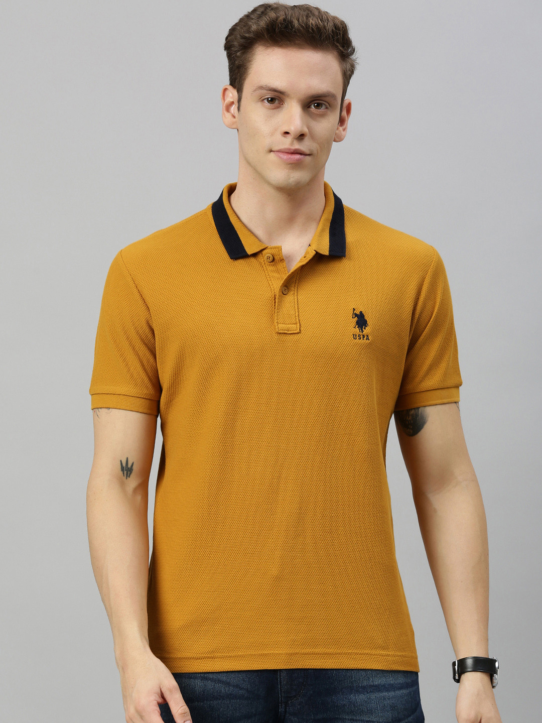 Buy U.S. Polo Assn. Men Mustard Yellow Solid Polo Collar Pure Cotton T Shirt Tshirts for Men