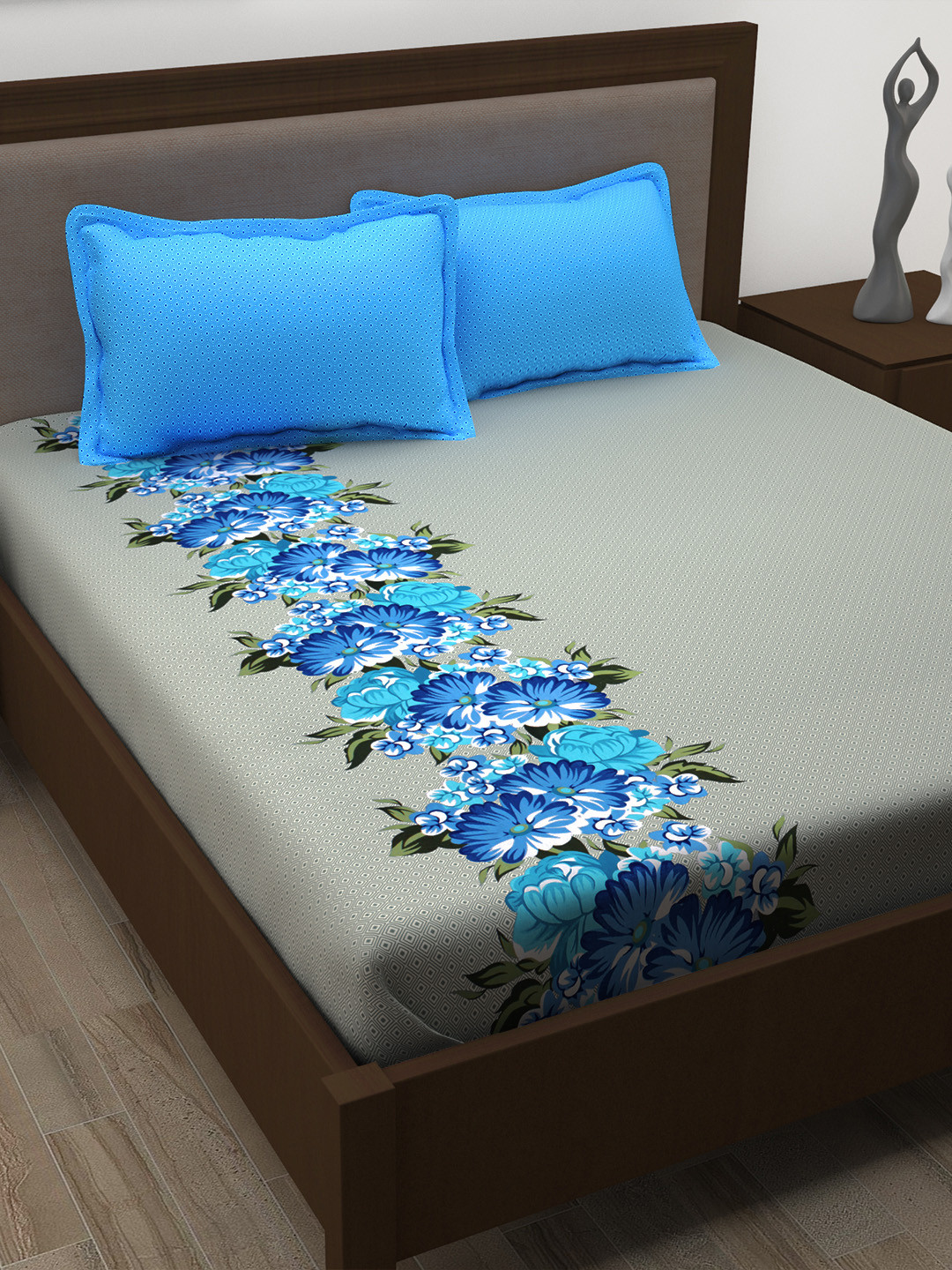 Buy Storyhome Blue & Grey Floral 186 TC Cotton 1 Queen Bedsheet With 2