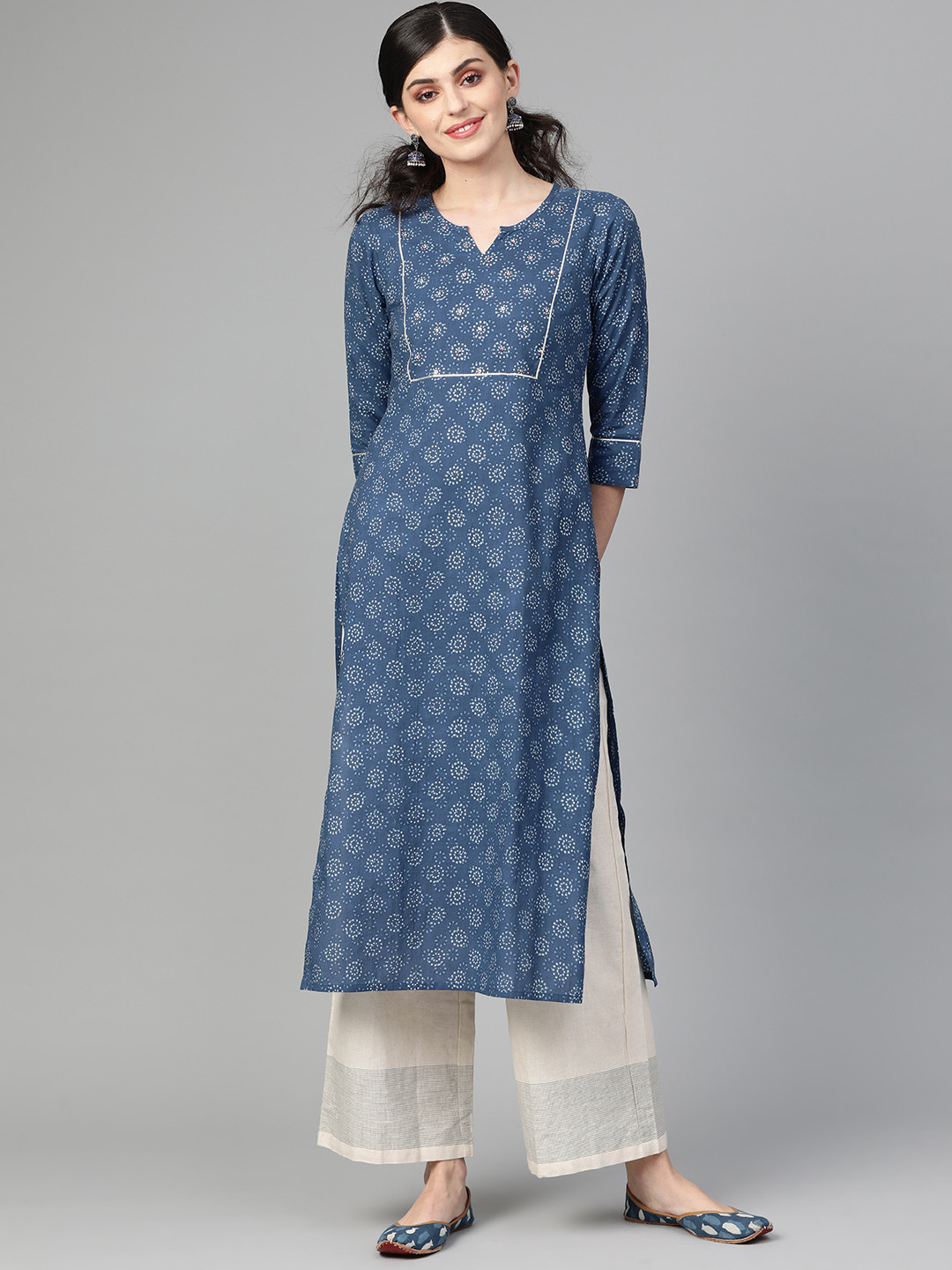Women'S Blue & White Printed Straight Angrakha Kurta