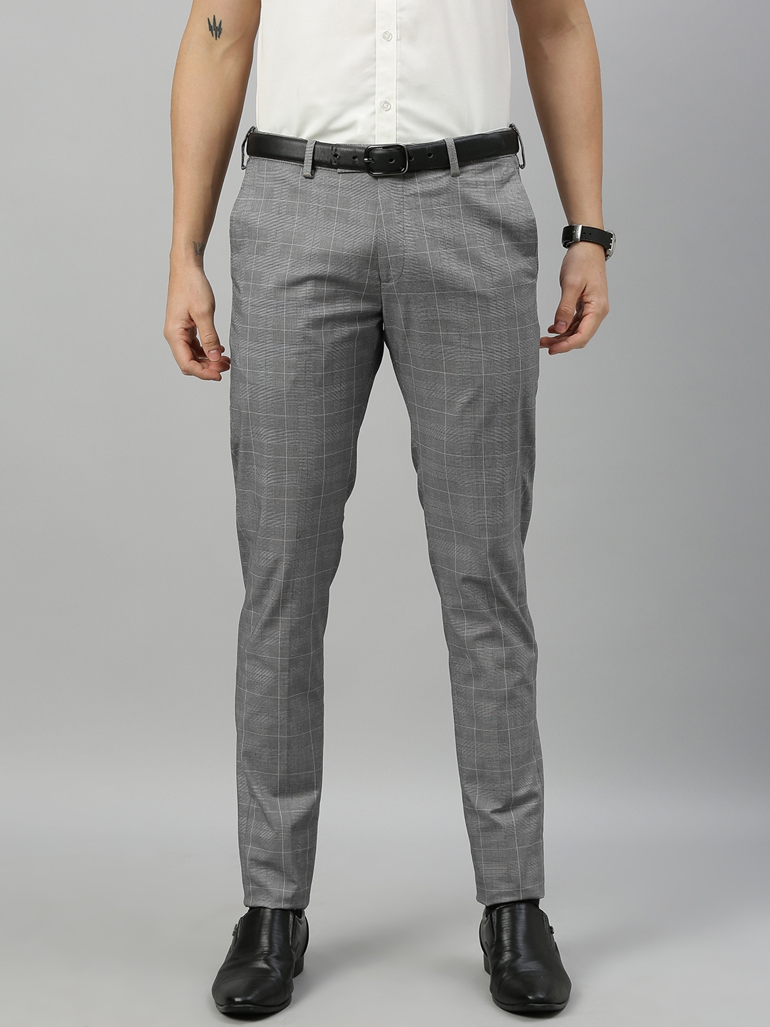 Buy U.S. Polo Assn. Men Grey & White Slim Fit Checked Formal Trousers ...