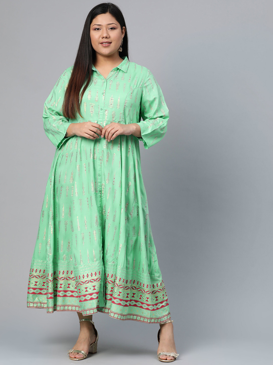 Buy Rangriti Women Green & Golden Printed Maxi Dress - Ethnic Dresses for Women 11362286 | Myntra