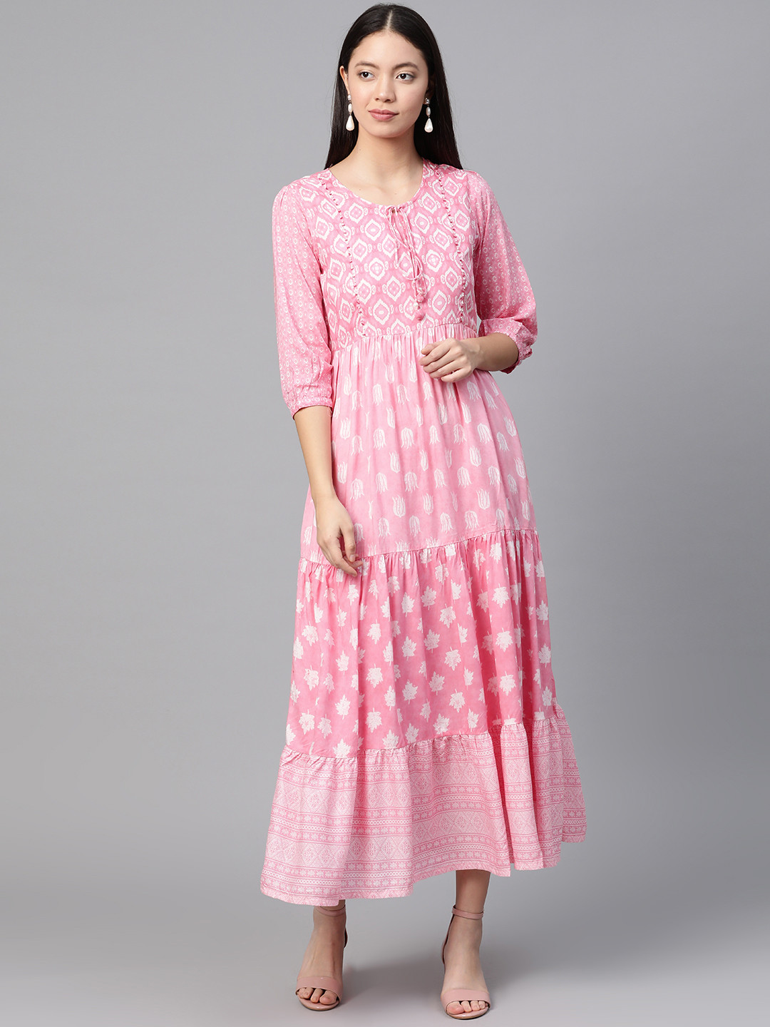 Buy Rangriti Women Pink & White Printed Tiered Maxi Dress - Dresses for Women 11362446 | Myntra