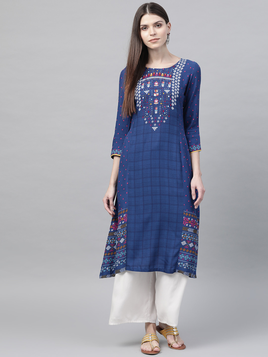 Buy Rangriti Women Blue & White Checked A Line Kurta Kurtas for Women